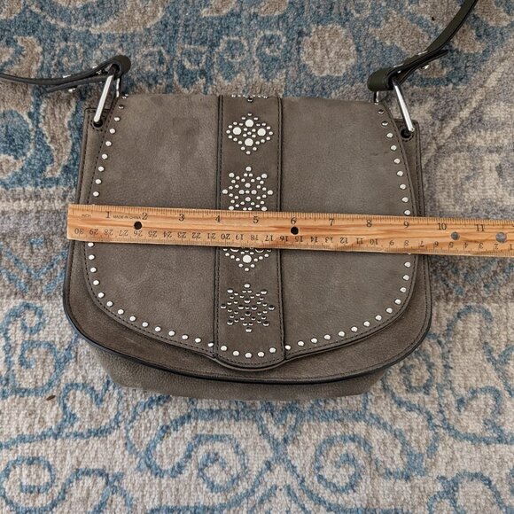 REBECCA MINKOFF Crossbody Green Saddle Silver Studded Fold Nubuck‎ Strap Purse - Picture 11 of 11